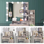 Table de toilette avec ampoule à intensité variable tricolore à brancher, miroir, meuble bas à 2 étagères, 1 porte, 2 tiroirs, pieds en fer, placage Triamine, aggloméré gris