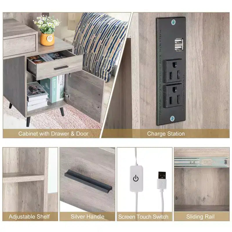 Table de toilette avec ampoule à intensité variable tricolore à brancher, miroir, meuble bas à 2 étagères, 1 porte, 2 tiroirs, pieds en fer, placage Triamine, aggloméré gris