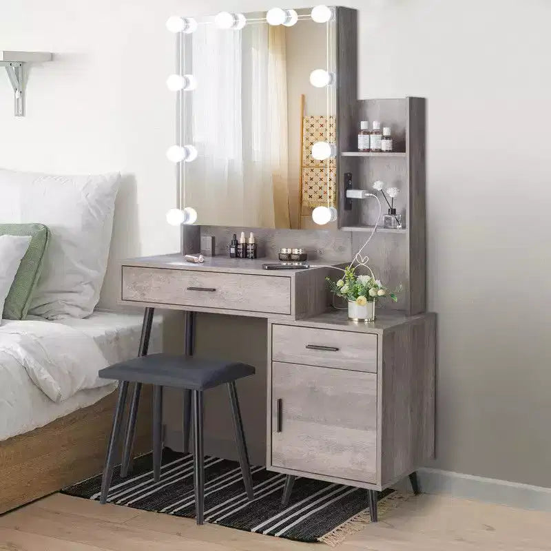 Table de toilette avec ampoule à intensité variable tricolore à brancher, miroir, meuble bas à 2 étagères, 1 porte, 2 tiroirs, pieds en fer, placage Triamine, aggloméré gris