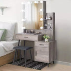 Table de toilette avec ampoule à intensité variable tricolore à brancher, miroir, meuble bas à 2 étagères, 1 porte, 2 tiroirs, pieds en fer, placage Triamine, aggloméré gris