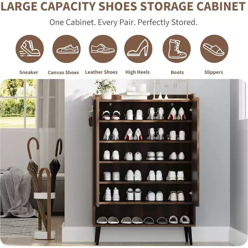Meuble à chaussures, grand meuble de rangement pour chaussures d'entrée à 6 niveaux avec 3 portes et étagères réglables, organisateur de chaussures autoportant pour couloir, entrée