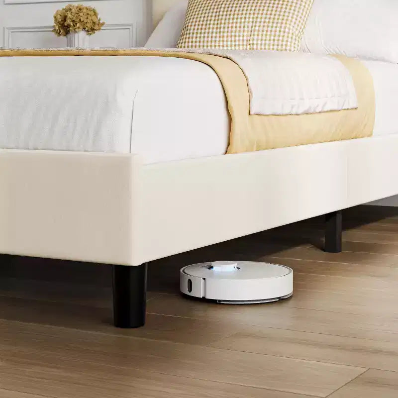 Cadre de lit double rembourré avec tête de lit réglable – Cadre de lit plateforme capitonné en velours, sommier tapissier non requis, beige