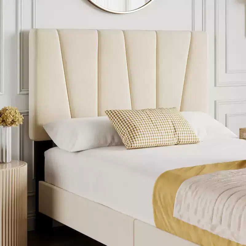 Cadre de lit double rembourré avec tête de lit réglable – Cadre de lit plateforme capitonné en velours, sommier tapissier non requis, beige