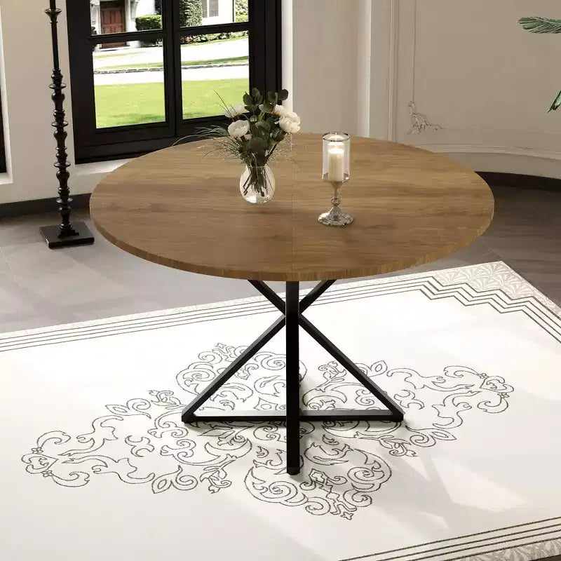 Table basse ronde en bois de 120 cm avec piédestal en métal et plateau en 4 parties, peu encombrante pour la cuisine ou la maison