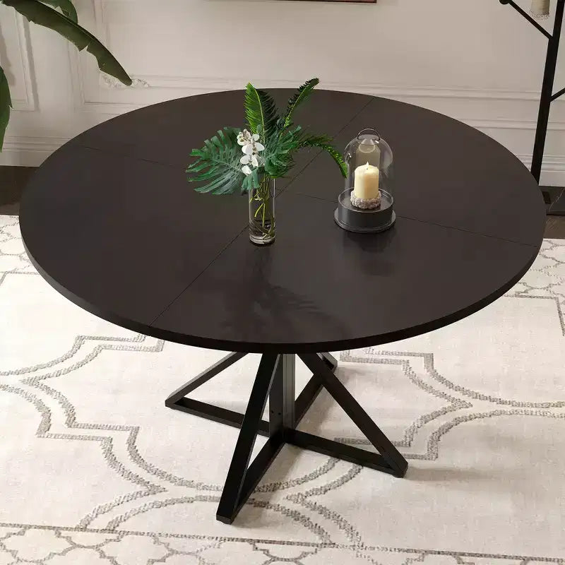 Table basse ronde en bois de 120 cm avec piédestal en métal et plateau en 4 parties, peu encombrante pour la cuisine ou la maison