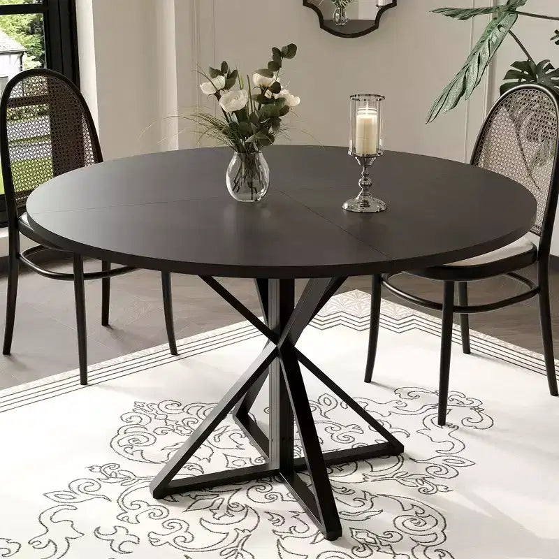 Table basse ronde en bois de 120 cm avec piédestal en métal et plateau en 4 parties, peu encombrante pour la cuisine ou la maison