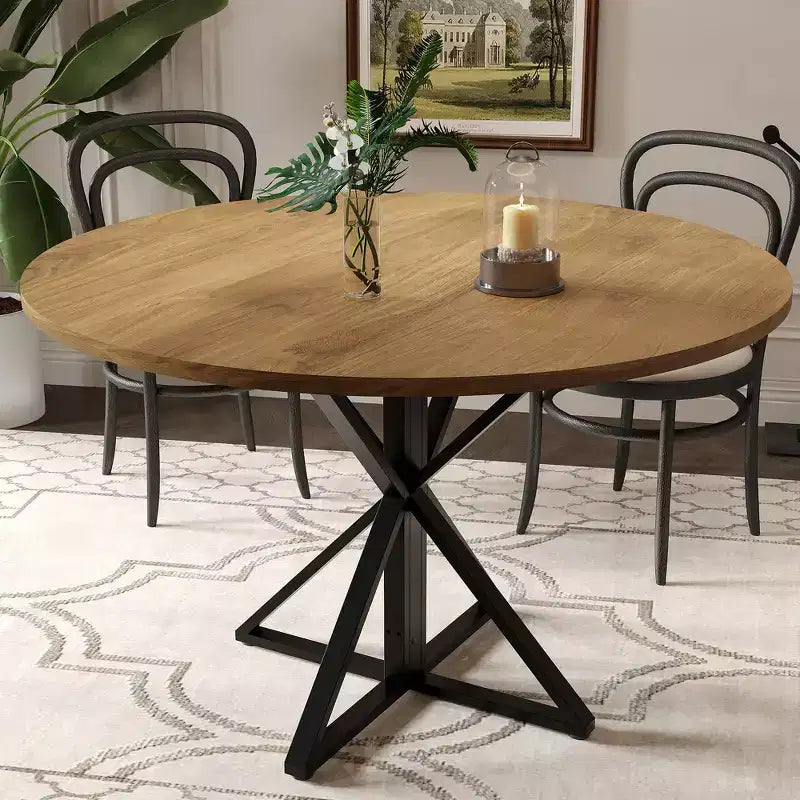 Table basse ronde en bois de 120 cm avec piédestal en métal et plateau en 4 parties, peu encombrante pour la cuisine ou la maison