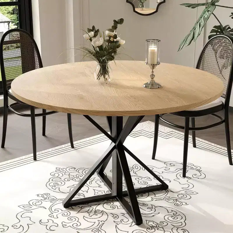 Table basse ronde en bois de 120 cm avec piédestal en métal et plateau en 4 parties, peu encombrante pour la cuisine ou la maison
