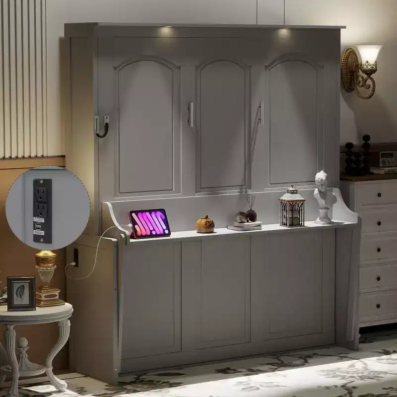 Lit escamotable Queen avec bureau, lumières DEL et station de recharge USB