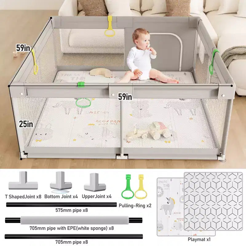 Parc bébé avec tapis 150 x 150 cm, centre d'activités intérieur et extérieur, barrière de sécurité pour bébés et tout-petits