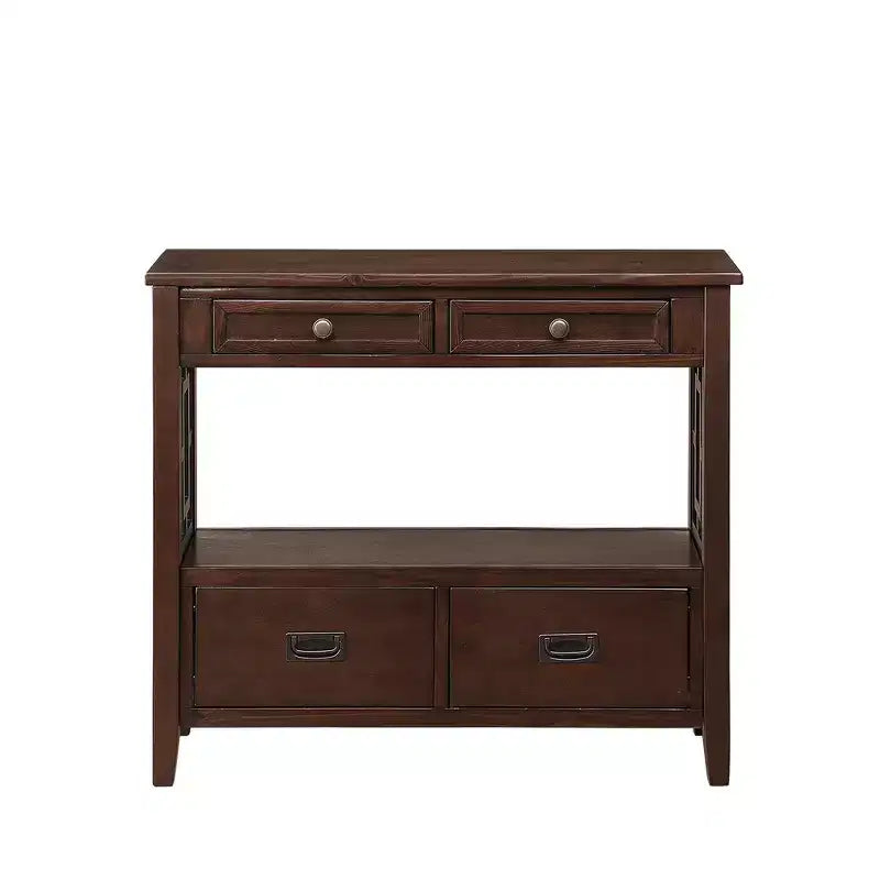 Console en bois massif de style vintage avec 4 tiroirs et une étagère ouverte