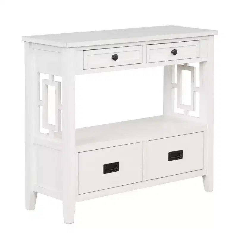 Console en bois massif de style vintage avec 4 tiroirs et une étagère ouverte