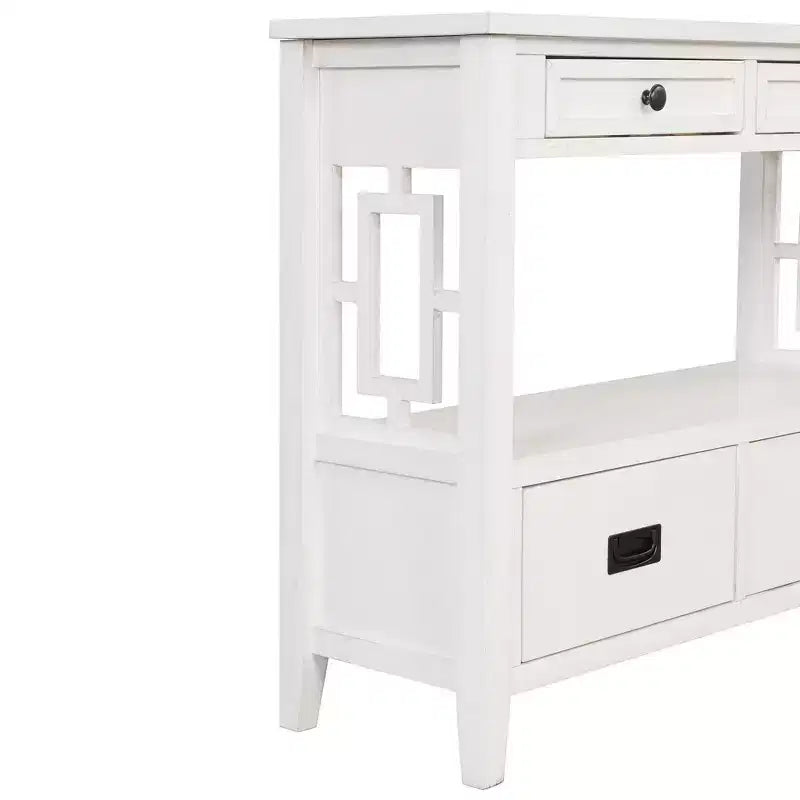 Console en bois massif de style vintage avec 4 tiroirs et une étagère ouverte