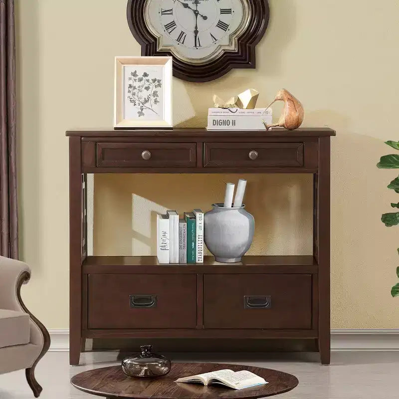Console en bois massif de style vintage avec 4 tiroirs et une étagère ouverte