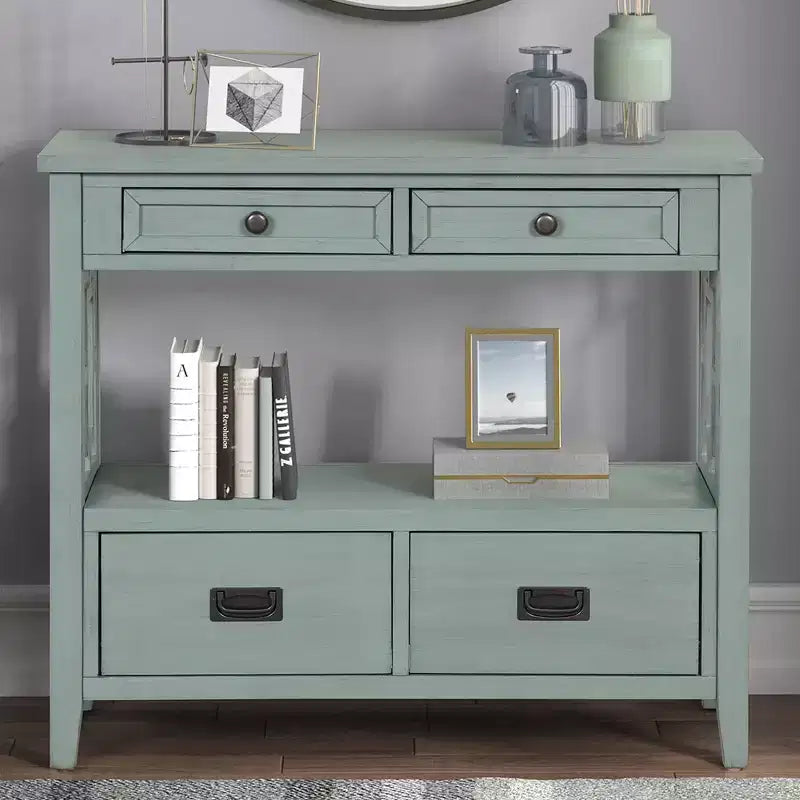 Console en bois massif de style vintage avec 4 tiroirs et une étagère ouverte