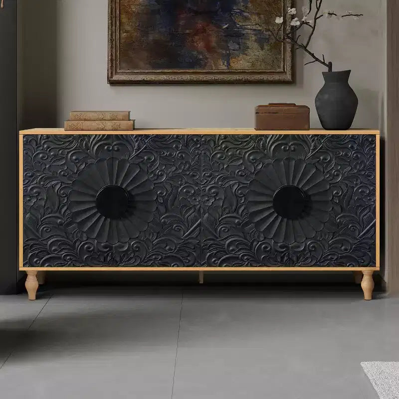 Meuble de Rangement avec Porte Sculptée Fleurie, Meuble d'Entrée avec Poignée Métallique, Buffet pour Salon