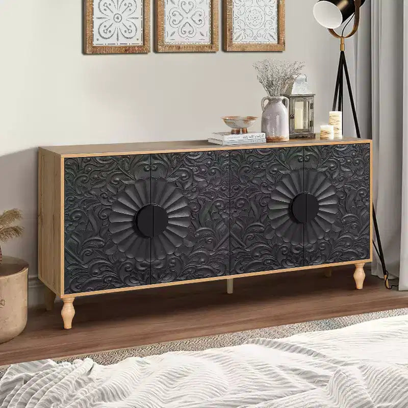 Meuble de Rangement avec Porte Sculptée Fleurie, Meuble d'Entrée avec Poignée Métallique, Buffet pour Salon