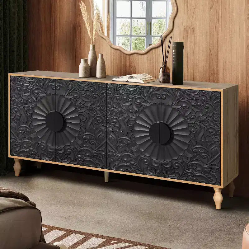 Meuble de Rangement avec Porte Sculptée Fleurie, Meuble d'Entrée avec Poignée Métallique, Buffet pour Salon