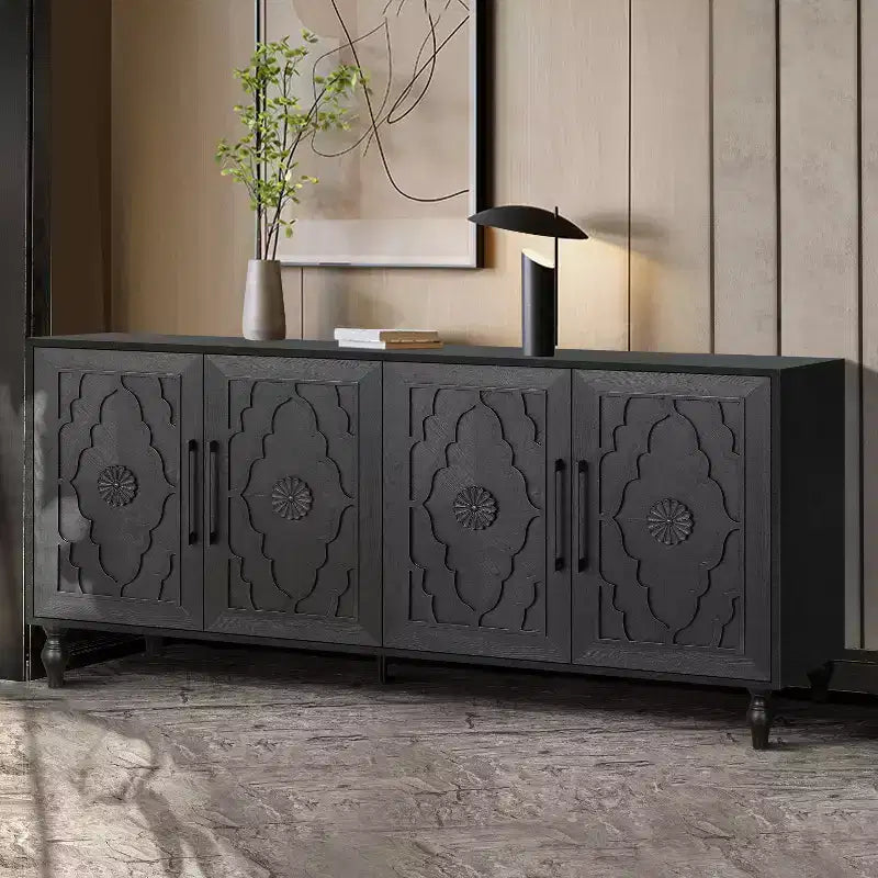 Meuble de Rangement avec Porte Sculptée Fleurie, Meuble d'Entrée avec Poignée Métallique, Buffet pour Salon