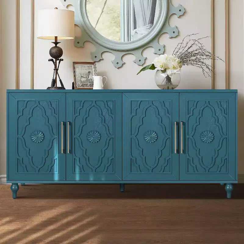 Meuble de Rangement avec Porte Sculptée Fleurie, Meuble d'Entrée avec Poignée Métallique, Buffet pour Salon