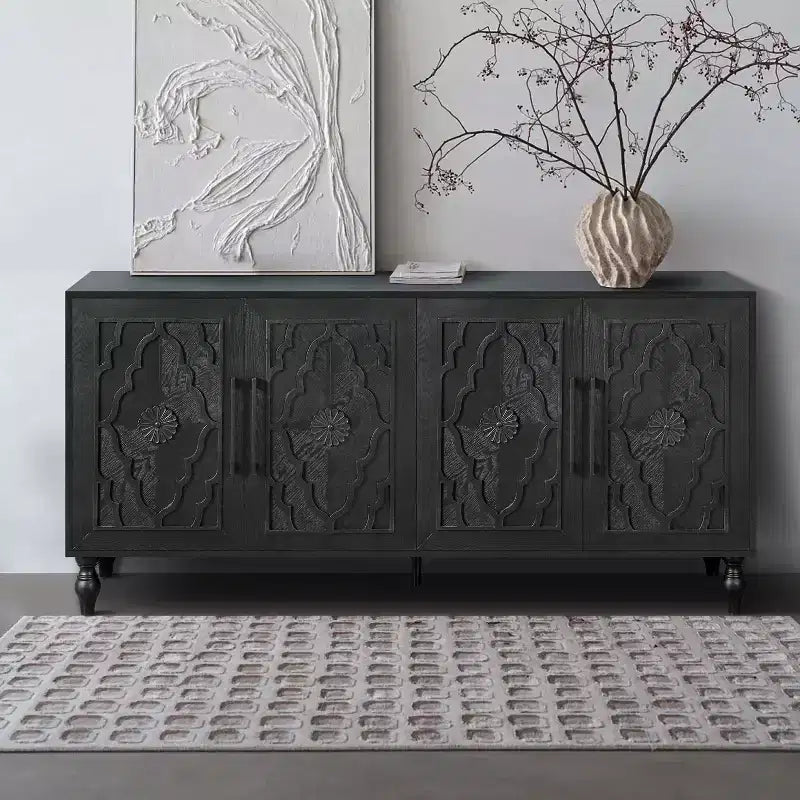 Meuble de Rangement avec Porte Sculptée Fleurie, Meuble d'Entrée avec Poignée Métallique, Buffet pour Salon