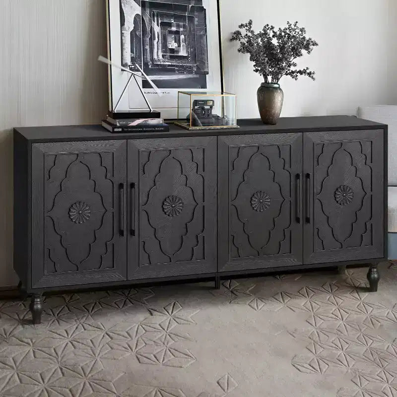Meuble de Rangement avec Porte Sculptée Fleurie, Meuble d'Entrée avec Poignée Métallique, Buffet pour Salon