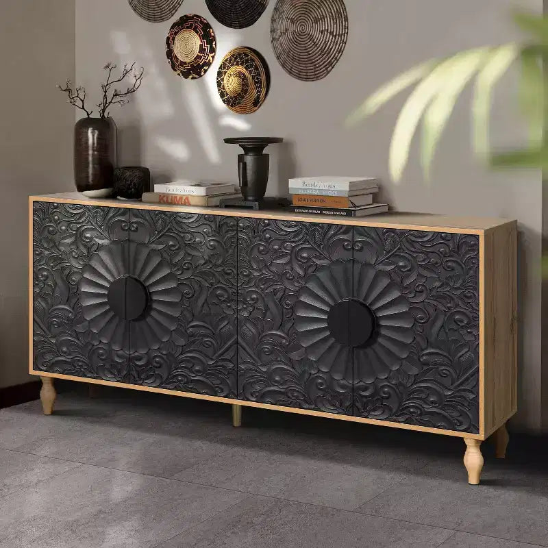 Meuble de Rangement avec Porte Sculptée Fleurie, Meuble d'Entrée avec Poignée Métallique, Buffet pour Salon
