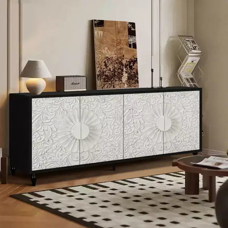 Meuble de Rangement avec Porte Sculptée Fleurie, Meuble d'Entrée avec Poignée Métallique, Buffet pour Salon