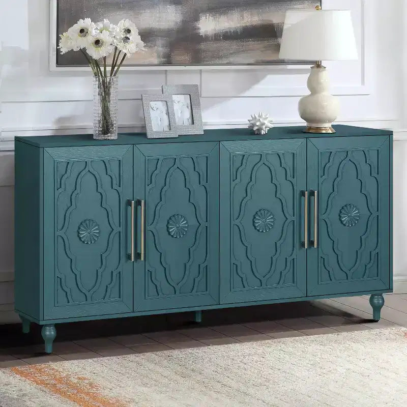 Meuble de Rangement avec Porte Sculptée Fleurie, Meuble d'Entrée avec Poignée Métallique, Buffet pour Salon