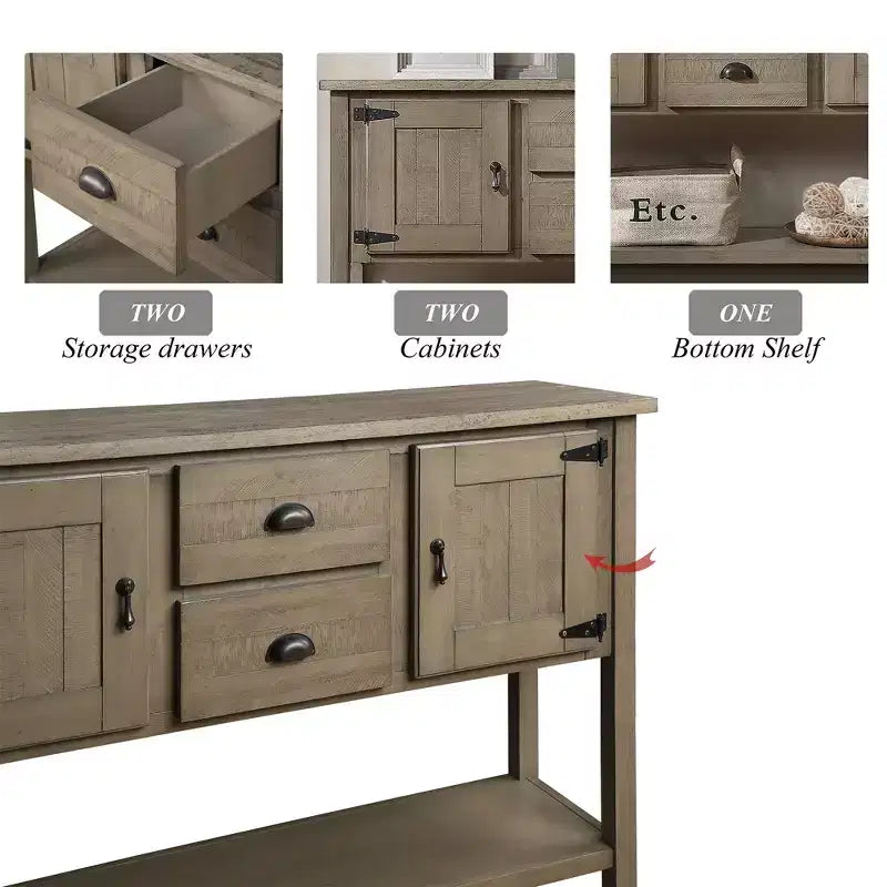Console en bois massif de 122 cm avec 2 tiroirs et placards pour salon et salle à manger, rustique