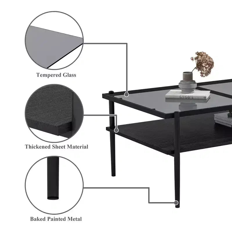 Table basse rectangulaire avec plateau et pieds en verre trempé gris, table de salon moderne