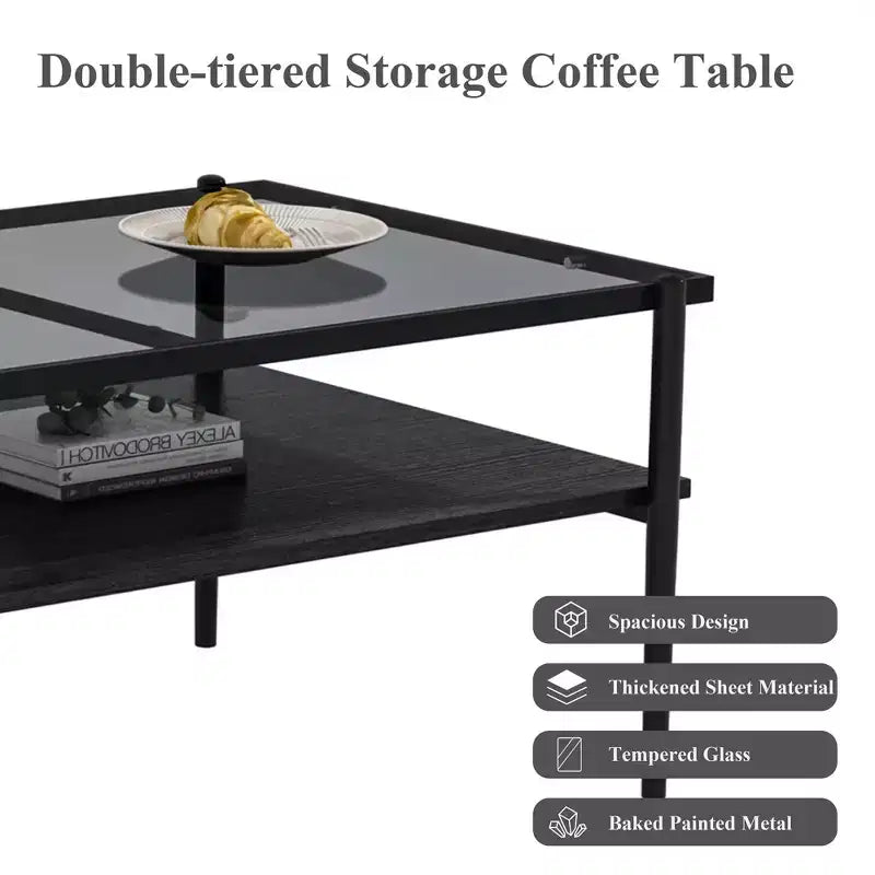 Table basse rectangulaire avec plateau et pieds en verre trempé gris, table de salon moderne