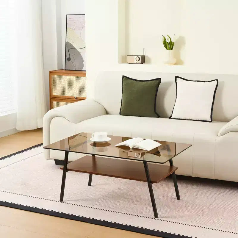 Table basse rectangulaire avec plateau en verre trempé et pieds en métal, table de salon moderne