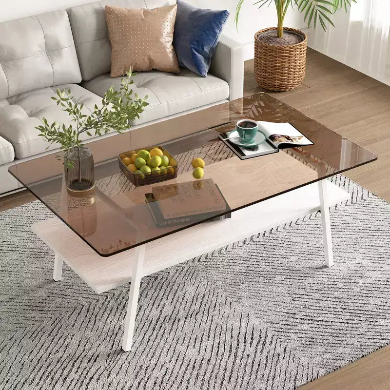 Table basse rectangulaire avec plateau en verre trempé et pieds en métal, table de salon moderne