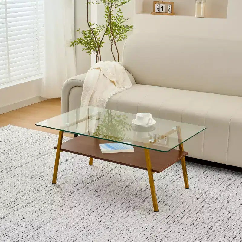 Table basse rectangulaire avec plateau en verre trempé et pieds en métal, table de salon moderne