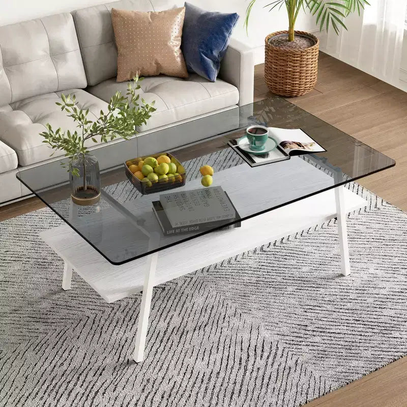 Table basse rectangulaire avec plateau en verre trempé et pieds en métal, table de salon moderne