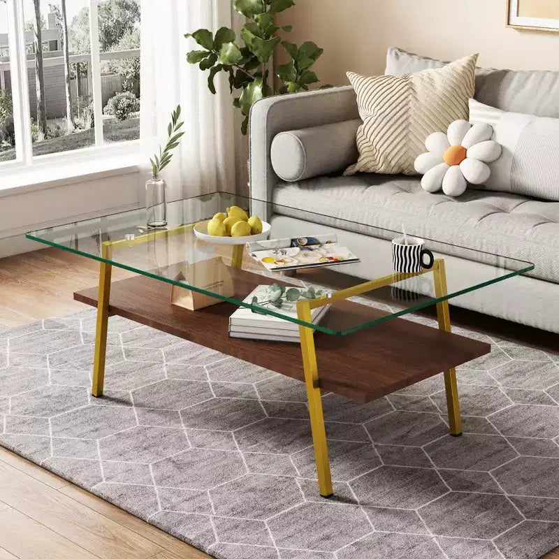 Table basse rectangulaire avec plateau en verre trempé et pieds en métal, table de salon moderne