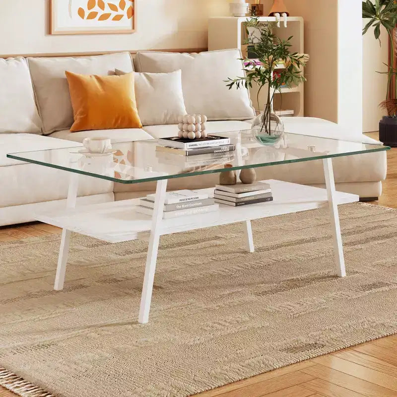 Table basse rectangulaire avec plateau en verre trempé et pieds en métal, table de salon moderne