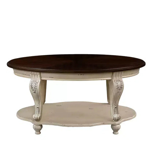Hostack 42'' oval wood coffee table with 2-Tiers and Open Storage Shelf for Living Room, Beige and Espresso Top