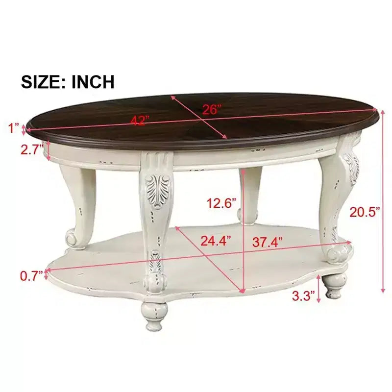 Table basse ovale en bois de 106,7 cm avec 2 niveaux et étagère de rangement ouverte pour salon, plateau beige et expresso