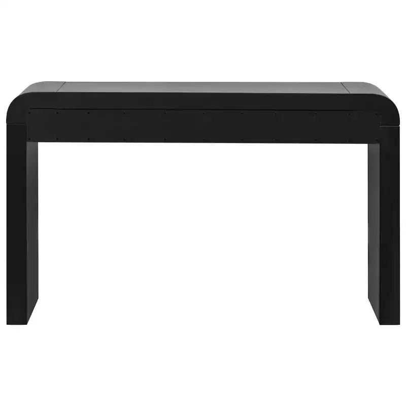 Console rustique avec façade de tiroir cannelée, coins arrondis et pieds épais pour couloir et salon, noir