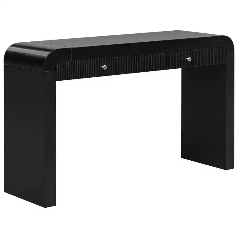 Console rustique avec façade de tiroir cannelée, coins arrondis et pieds épais pour couloir et salon, noir