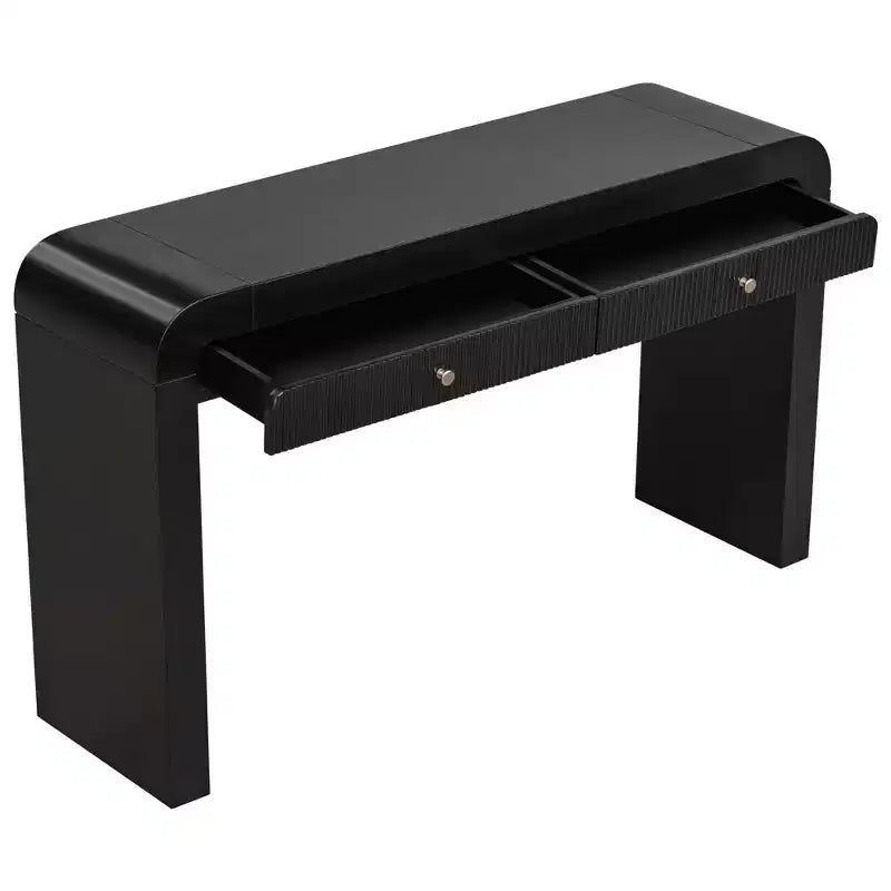 Console rustique avec façade de tiroir cannelée, coins arrondis et pieds épais pour couloir et salon, noir