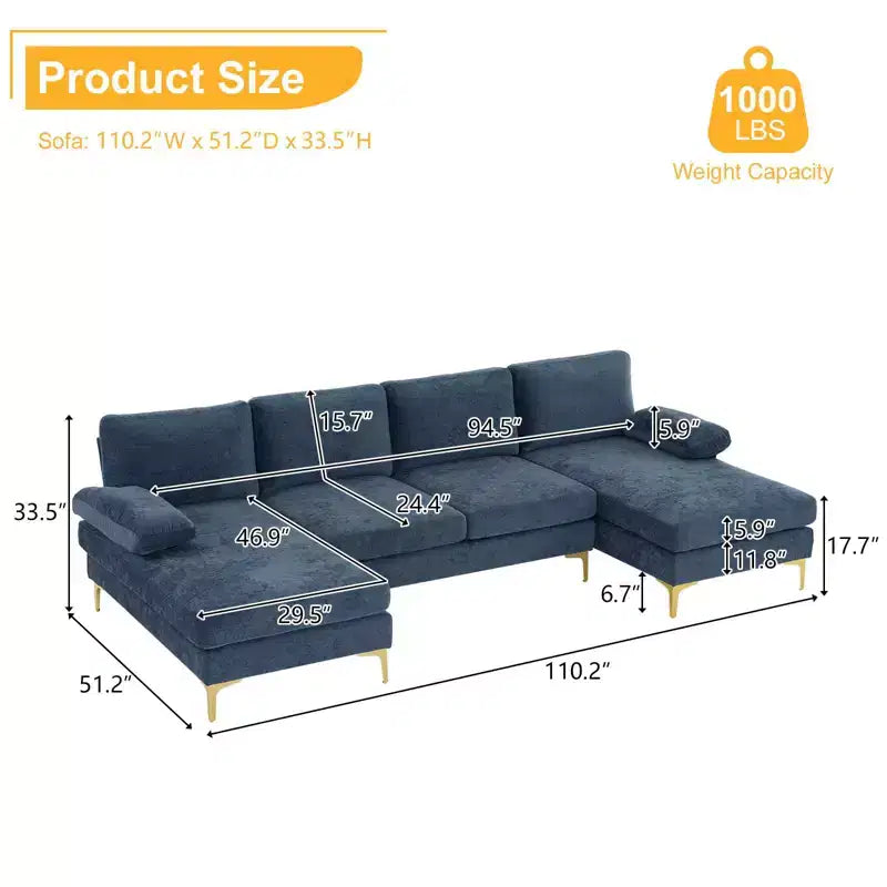 Sectionnel chenille en U 3 pièces avec accoudoirs et plateau-coussin de 110 po de large – beige