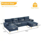 Sectionnel chenille en U 3 pièces avec accoudoirs et plateau-coussin de 110 po de large – beige