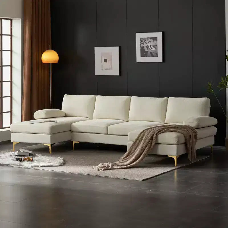 Sectionnel chenille en U 3 pièces avec accoudoirs et plateau-coussin de 110 po de large – beige