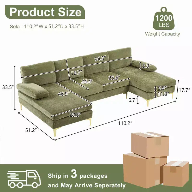 Sectionnel chenille en U 3 pièces avec accoudoirs et plateau-coussin de 110 po de large – beige