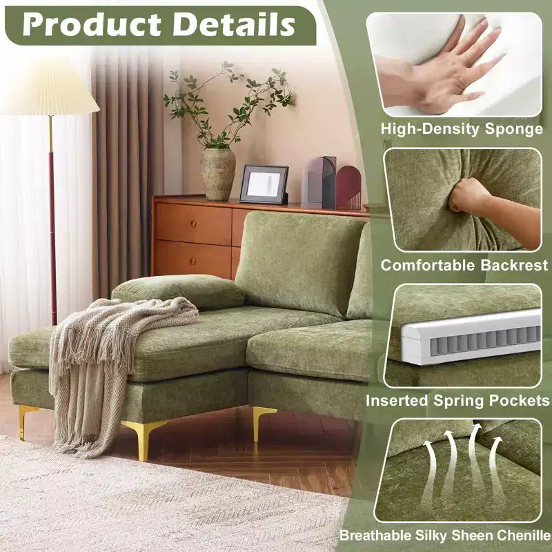 Sectionnel chenille en U 3 pièces avec accoudoirs et plateau-coussin de 110 po de large – beige