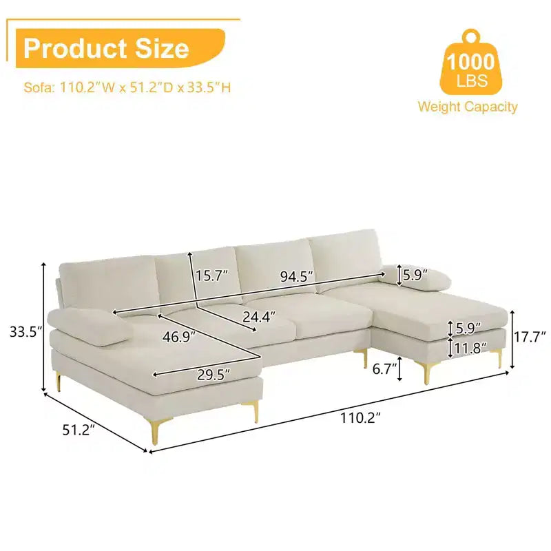 Sectionnel chenille en U 3 pièces avec accoudoirs et plateau-coussin de 110 po de large – beige