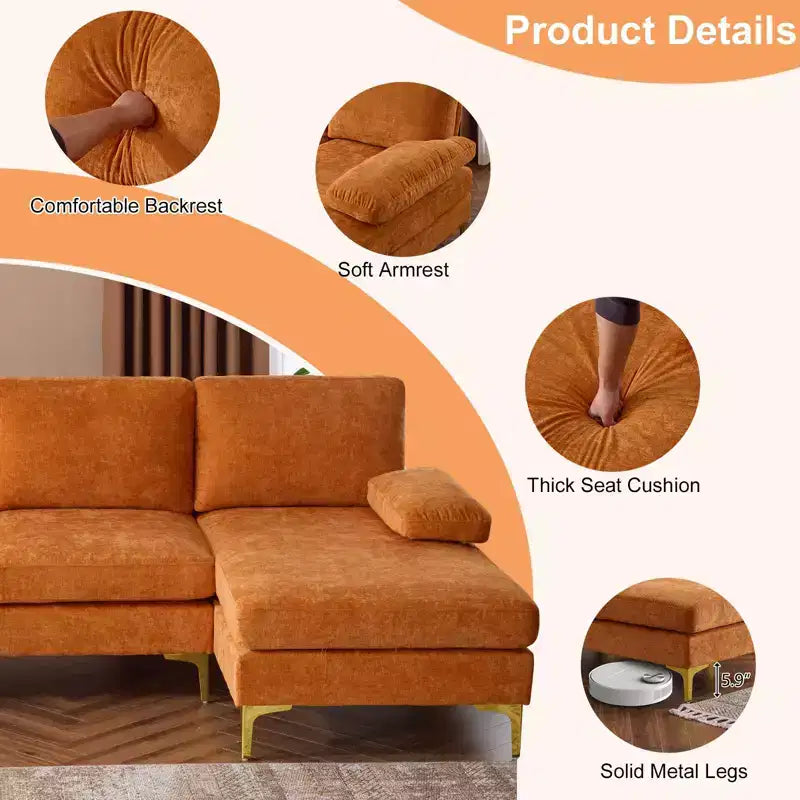 Sectionnel chenille en U 3 pièces avec accoudoirs et plateau-coussin de 110 po de large – beige
